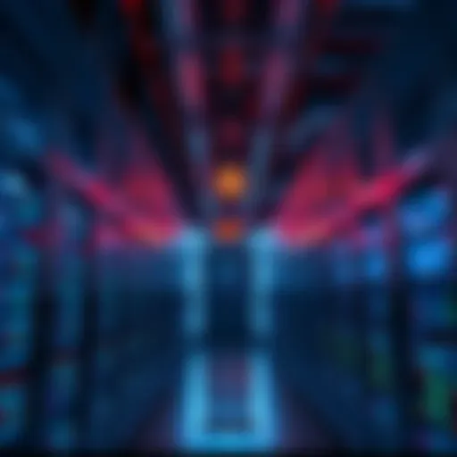 A modern data center filled with computer servers used for Bitcoin mining, showcasing rows of machines and cooling systems.