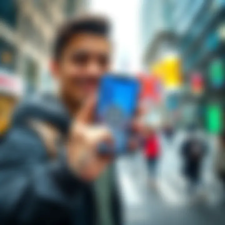 A person smiles while holding a smartphone showing David X Crypto, surrounded by city buildings and pedestrians