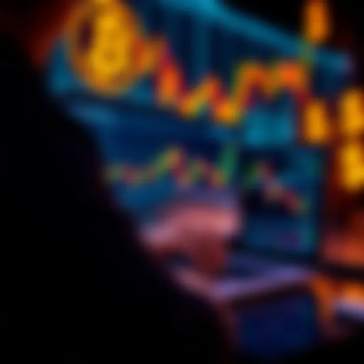 A person analyzing cryptocurrency charts on a laptop, showing Bitcoin and altcoins values, with candlestick graphs and dollar signs in the background