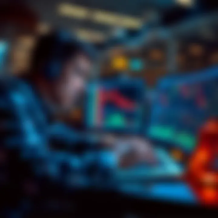 A trader looking at charts on a laptop, representing day trading without KYC verification.