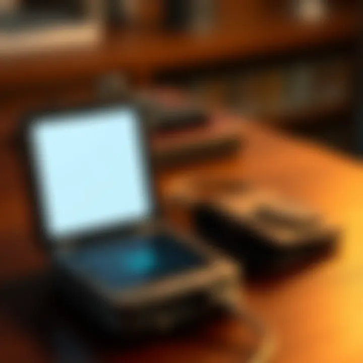 A dead Nano S cryptocurrency wallet with an empty screen next to an open soft wallet on a table, symbolizing the user's struggle to access funds.