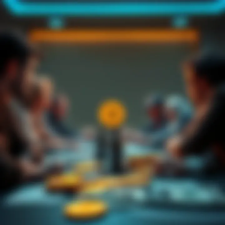 A group of people discussing cryptocurrency and fiat systems, with Bitcoin symbols and dollar bills on a table.
