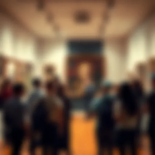 A group of people discussing censorship and freedom of expression in a modern art gallery setting.