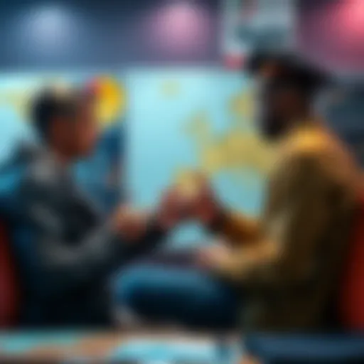 Two players discussing strategies for parcel acquisition and badge purchasing in a gaming setting, with maps and charts in the background.