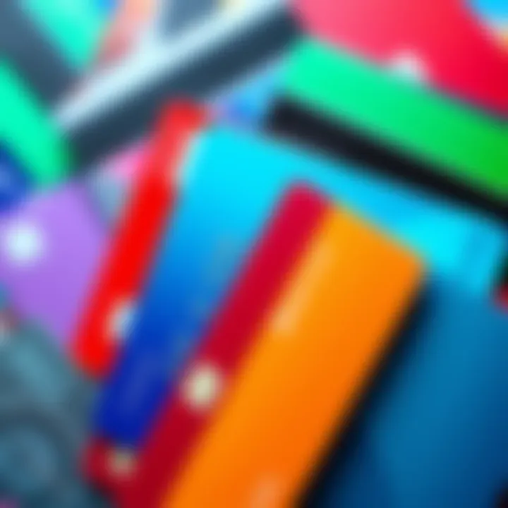 Debit Cards for Family Members A collection of colorful debit cards representing different family members, each linked to a spending category in an app.