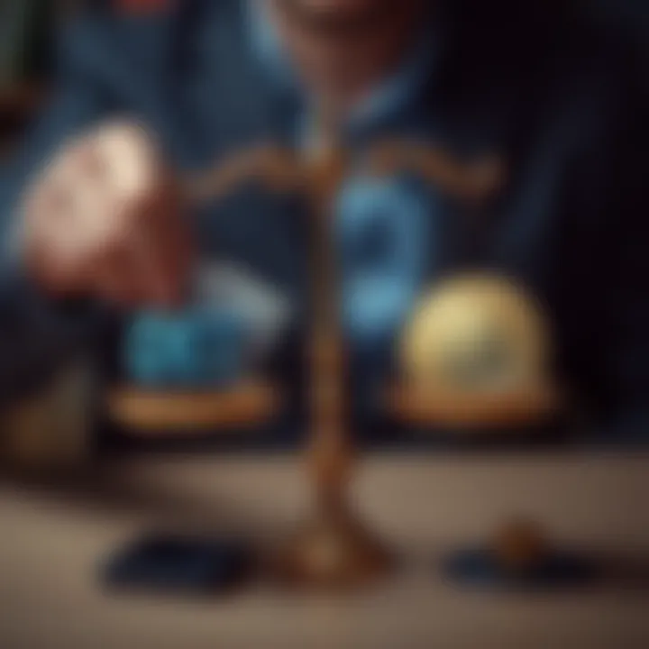 A person weighing debt repayment and Bitcoin investment with a scale balancing cash and Bitcoin symbols