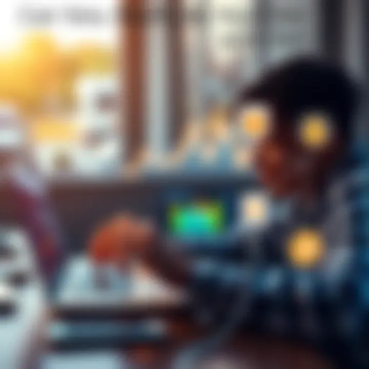 A person analyzing financial data on a laptop with icons representing borrowing, lending, and farming around them.