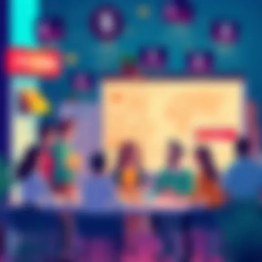 Illustration of a virtual marketplace with diverse people offering services on the Solana blockchain, showcasing fast transactions and direct interactions.