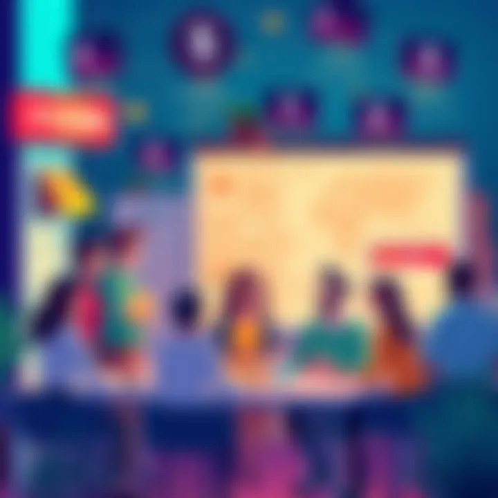 Decentralized Fiverr Concept Illustration of a virtual marketplace with diverse people offering services on the Solana blockchain, showcasing fast transactions and direct interactions.