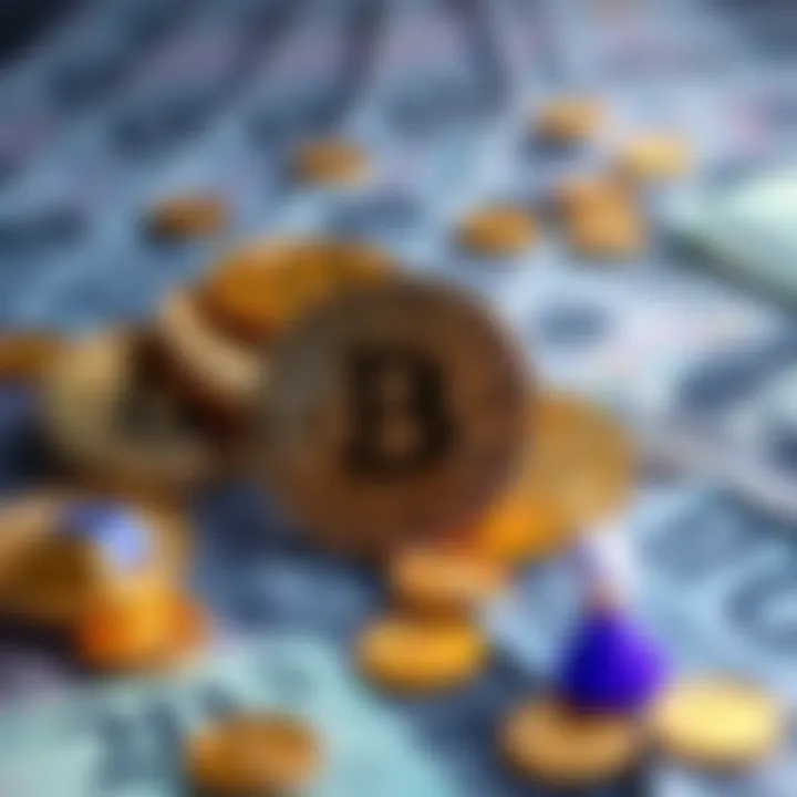 A visual representation of Bitcoin symbols alongside traditional currency, illustrating the contrast between decentralized and centralized money.