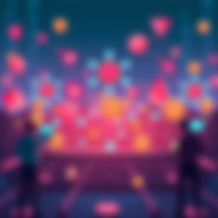 Decentralized Social Network Concept An illustration showing a vibrant decentralized social media platform on the Solana blockchain, with icons representing creators and rewards interconnected in a network.
