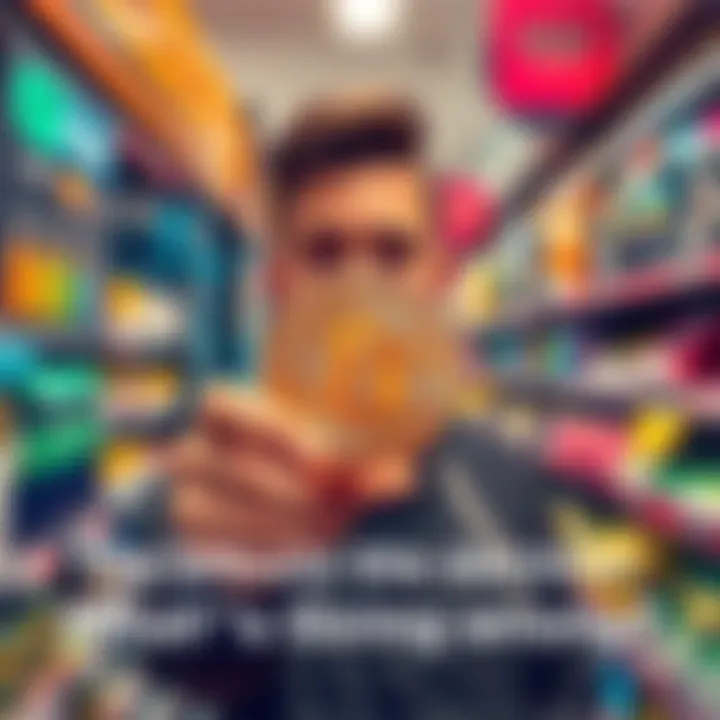 A person holds a Bitcoin symbol with a confused expression in a retail store, highlighting the drop in Bitcoin usage for purchases.