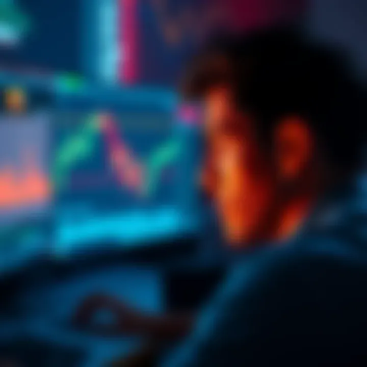 A person looking at a computer screen displaying a falling cryptocurrency graph, showing a sense of concern and worry about the future of digital currencies.