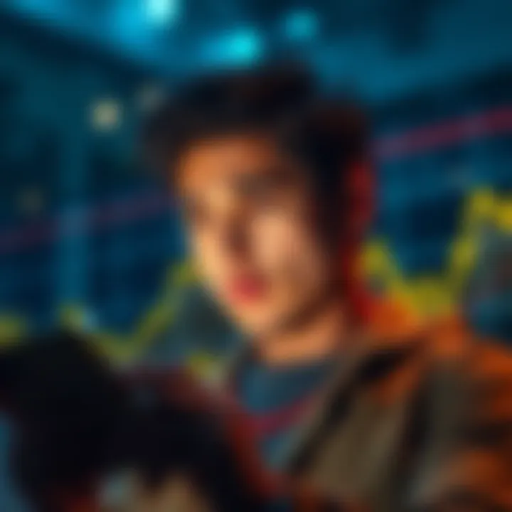 A person looking concerned while checking Bitcoin prices on a phone with a downward trend graph in the background.