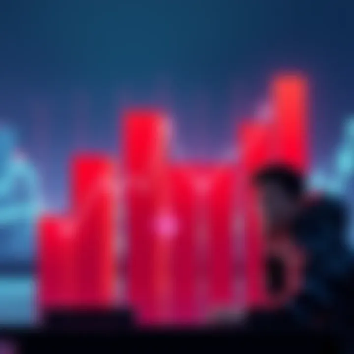A bar graph showing a drop in Cardano interest among cryptocurrency enthusiasts, with a worried investor looking on.