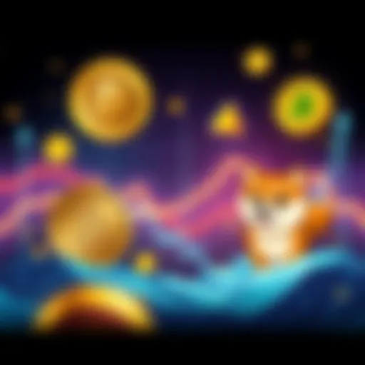 Illustration of a downward trending graph with memecoin symbols like Dogecoin and Shiba Inu around it