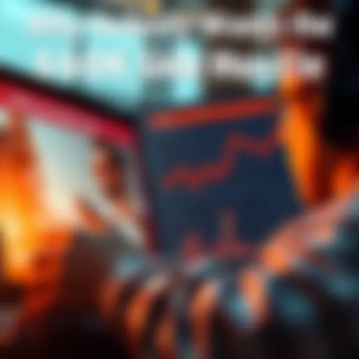 A person looking uncertainly at a laptop screen displaying side hustle opportunities, with a graph showing a downward trend in the background.