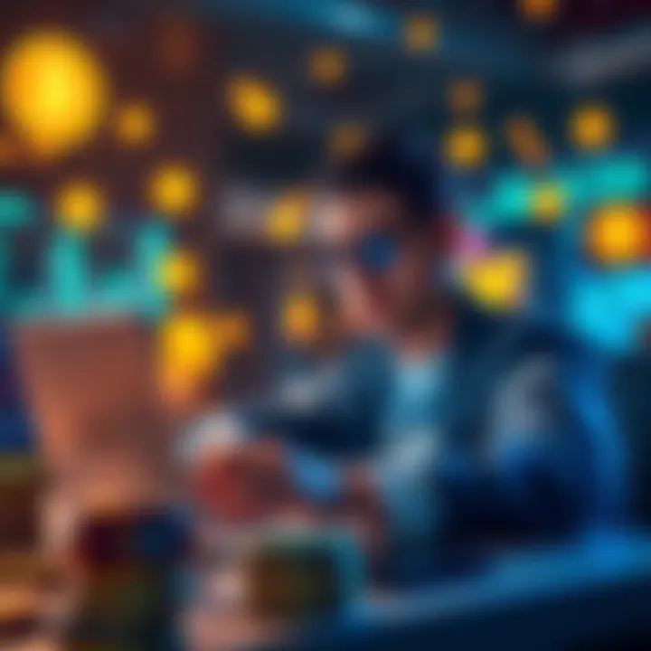 A person calculating profits on a laptop with cryptocurrency symbols around