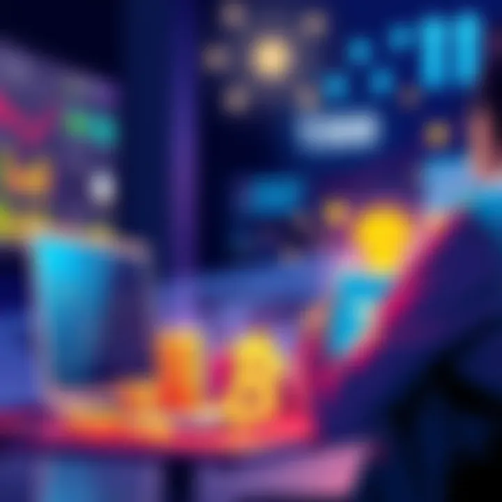 A digital illustration showing a person contemplating savings using decentralized finance protocols, with a laptop displaying financial graphs and money symbols.