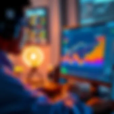 A person analyzing financial data on a computer, with charts showing a rising trend in cryptocurrency values, symbolizing safe earning strategies in DeFi.