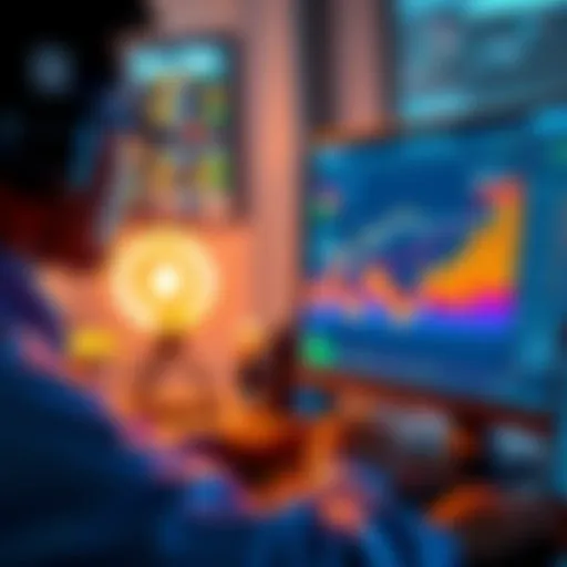 A person analyzing financial data on a computer, with charts showing a rising trend in cryptocurrency values, symbolizing safe earning strategies in DeFi.