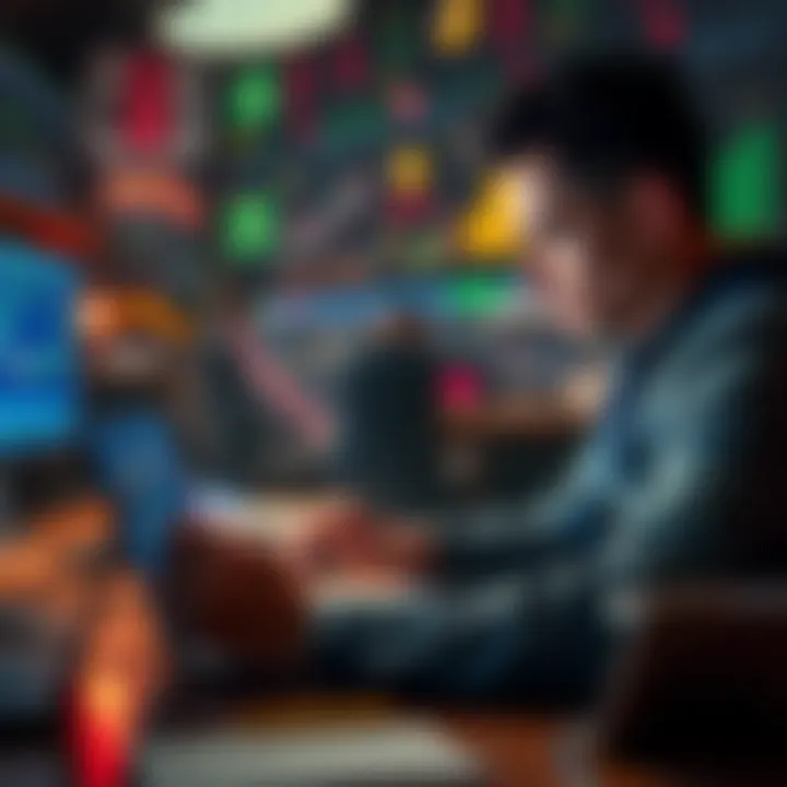 A DeFi trader looks stressed while reviewing charts and graphs on a laptop, showing signs of market loss and volatility. The environment hints at a chaotic trading atmosphere with numerous digital ass...