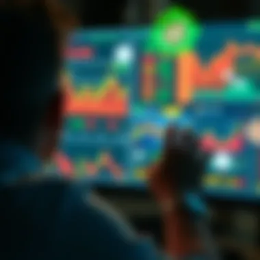 Degen Gambling and Finance A person looking at a computer screen showing stock charts and casino graphics, representing the blend of finance and gambling.