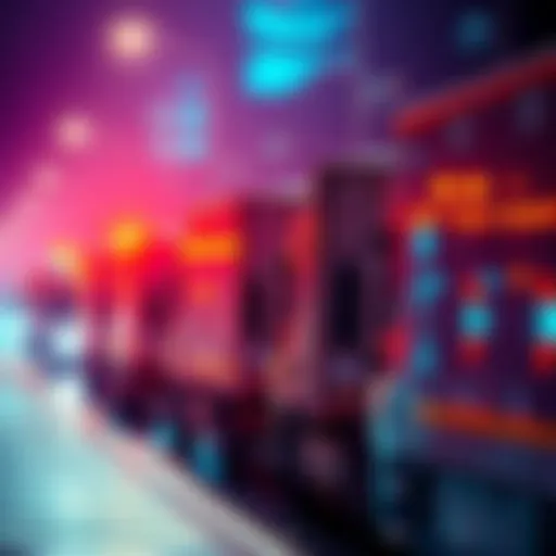 A fleet of delivery trucks lined up, ready to transport thousands of parcels for distribution.
