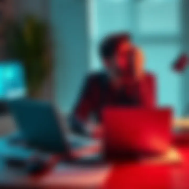 A developer sitting at a desk, looking frustrated while working on a laptop, with notes and charts about CMS integration on the table.