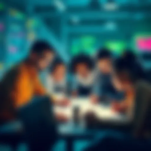 A diverse group of developers discussing ideas over laptops and sketches, highlighting teamwork in tech development.