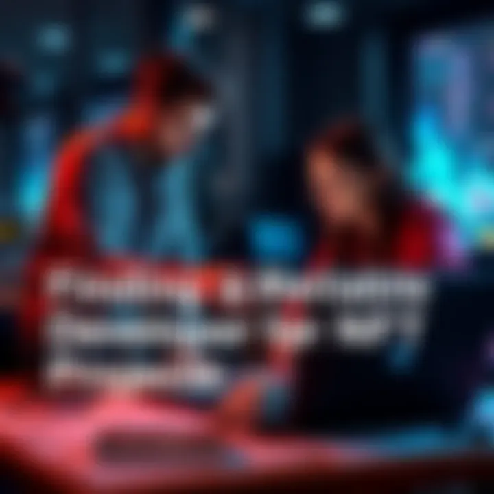 Two people discussing an NFT game project with a laptop and game design sketches on the table