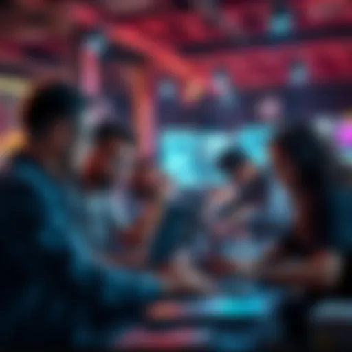 A group of developers working together on a tech project, discussing ideas and coding on laptops