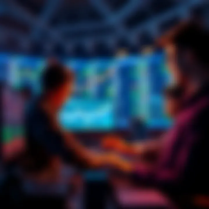 A group of developers working together at a computer, analyzing cryptocurrency trading charts and data.