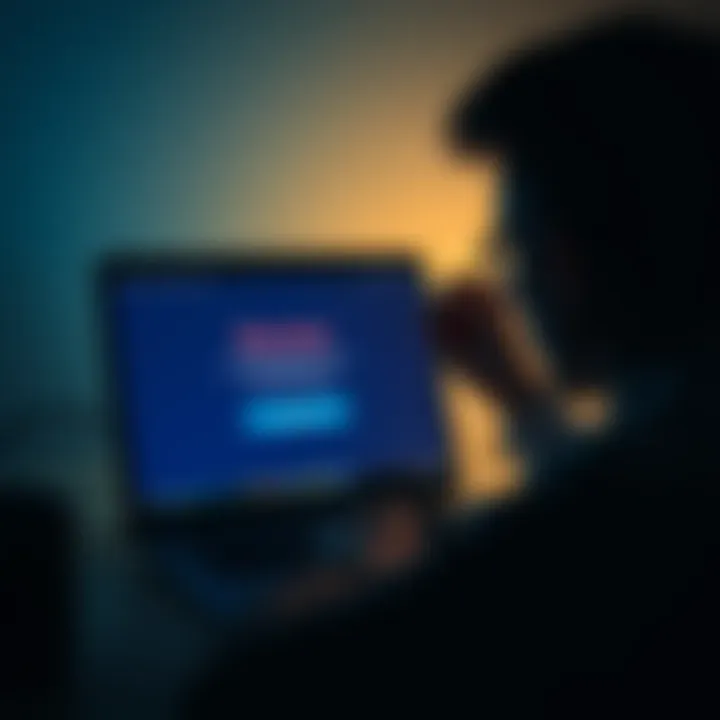 A frustrated person looking at a laptop screen with a recovery message, trying to sign in