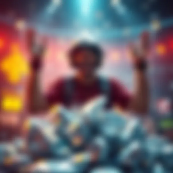Diamond Achievement A player celebrating with a pile of shiny diamonds in a game environment