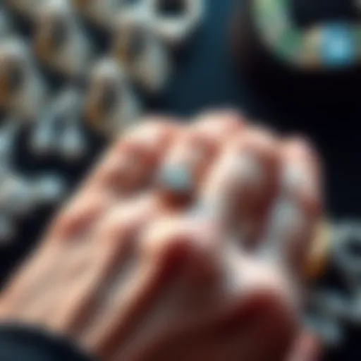 A close-up of a hand holding a diamond ring, symbolizing resilience and commitment in investing, with a blurred background of luxury jewelry