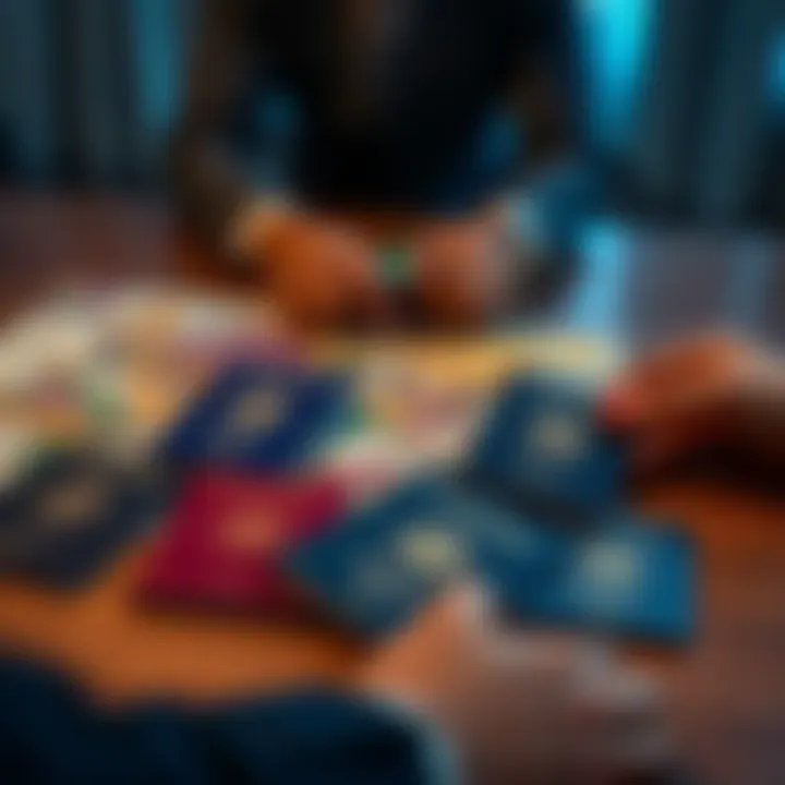 A comparison showing town, county, and national passports laid out on a table with a person examining them.