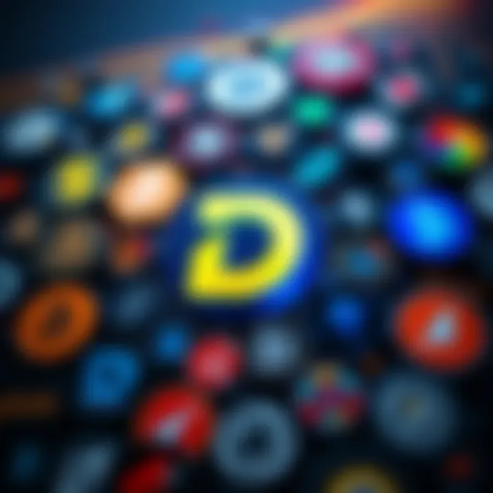 A digital representation of the DigiByte logo surrounded by competitor logos, highlighting its challenges in the crypto market.