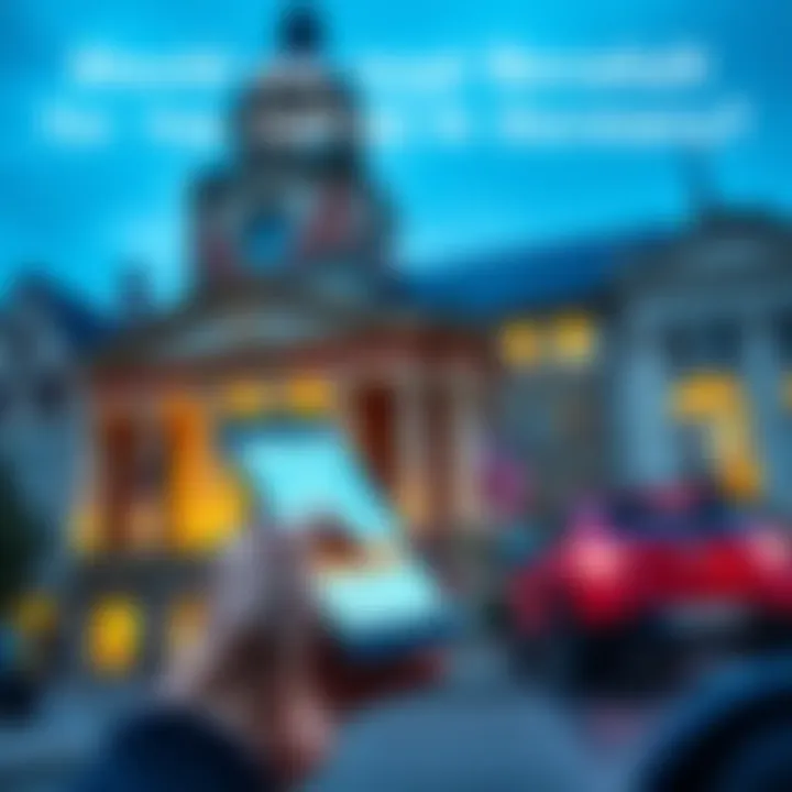 A person using a smartphone to check savings in a digital banking app, with traditional bank buildings in the background.
