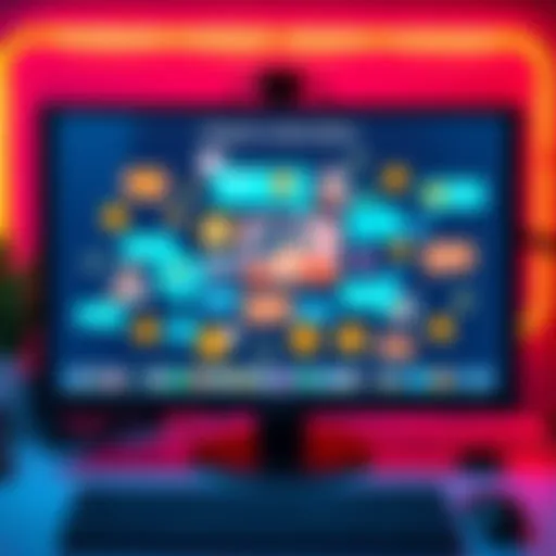 A computer screen showing various digital collectibles like NFTs and bitcoin icons with community chat bubbles around them.