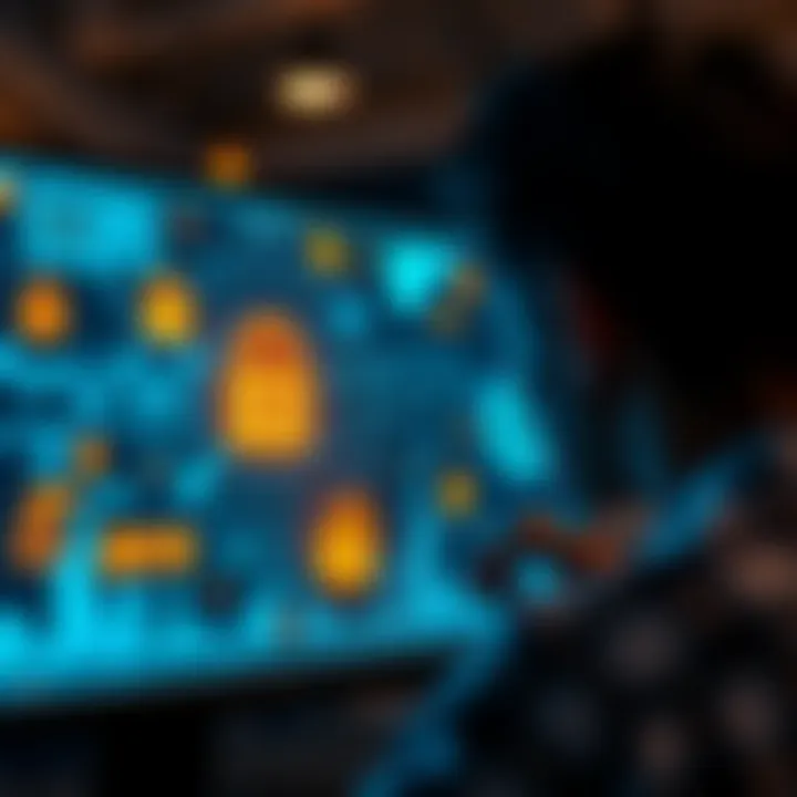 A person looking at a computer screen displaying cryptocurrency graphics intertwined with digital security locks and surveillance icons.