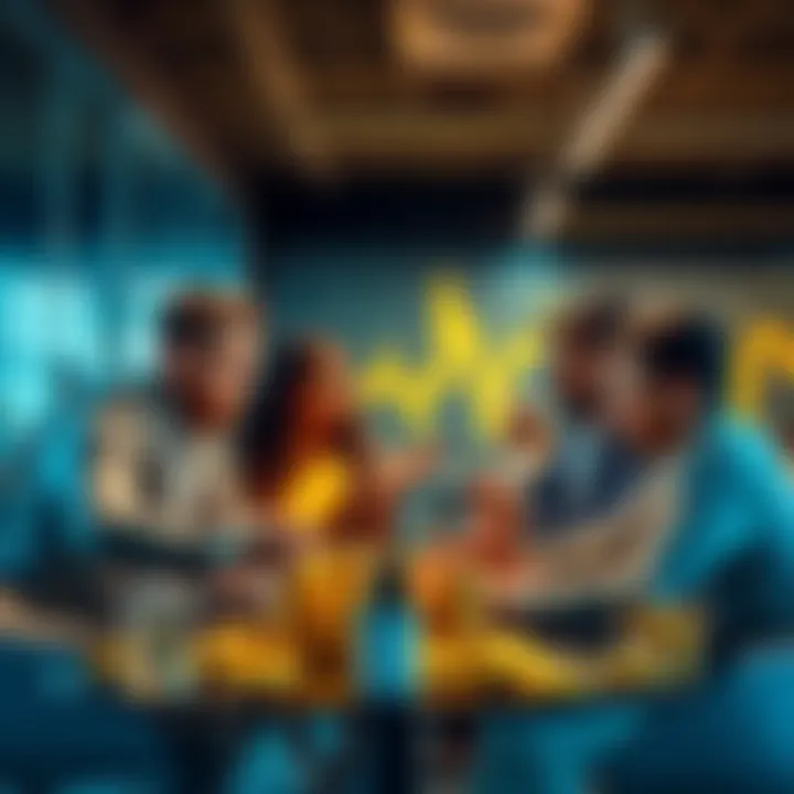 A group of young professionals discussing cryptocurrency investment strategies in a modern office setting.
