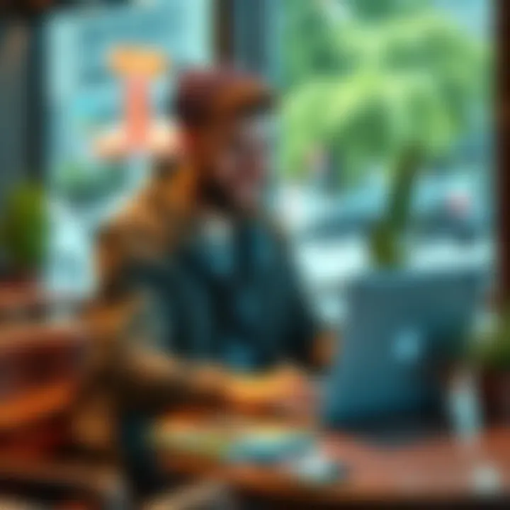 A digital nomad sitting at a café with a laptop and hardware wallet, discussing travel tips.