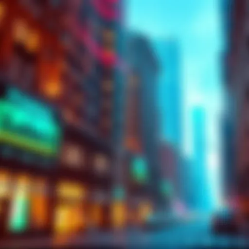 A futuristic representation of Wall Street with digital codes and algorithms flowing between skyscrapers, illustrating the integration of technology in finance.