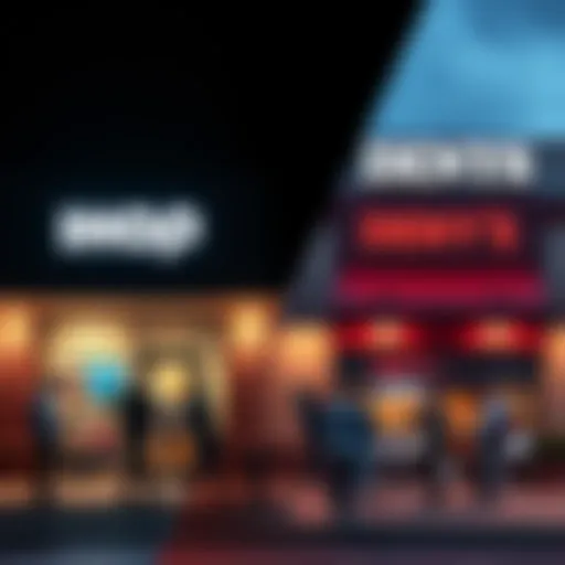 A split image showing the exterior of an IHOP restaurant on one side and a DENYS restaurant on the other, with people discussing their dining preferences outside.