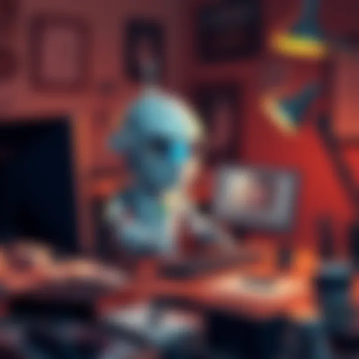 Dinkbot sitting at a desk, focused on editing Spoonkid videos on a computer with a look of concentration and mixed emotions, surrounded by video editing tools and notes.