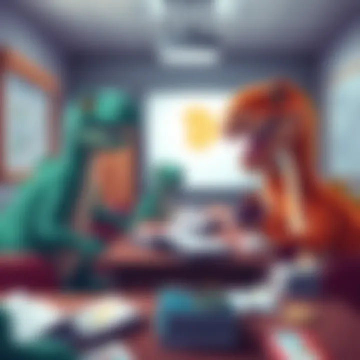 A group of cartoon dinosaurs in a classroom setting, studying cryptocurrency concepts with books and charts around them.