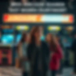 Disappointed Arcade Gamers A group of frustrated gamers standing in front of outdated arcade machines, looking disappointed with their gaming experience.