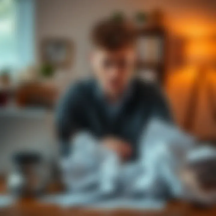 A frustrated person sitting at a desk with a laptop, looking disappointed while taking a survey, surrounded by crumpled papers.
