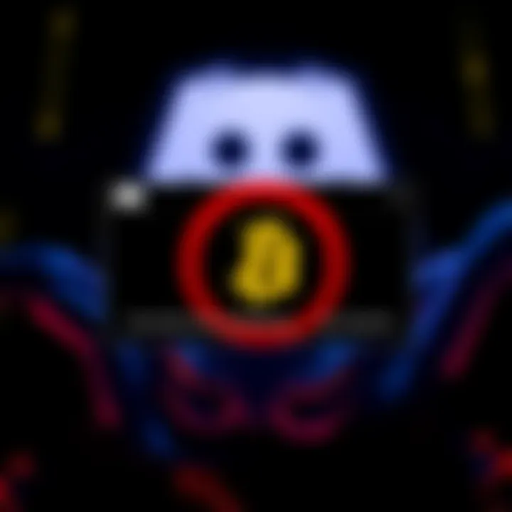 A graphic showing a Discord notification about banning users for mentioning Bitcoin. The background features a dark theme with the Discord logo and a Bitcoin symbol crossed out.